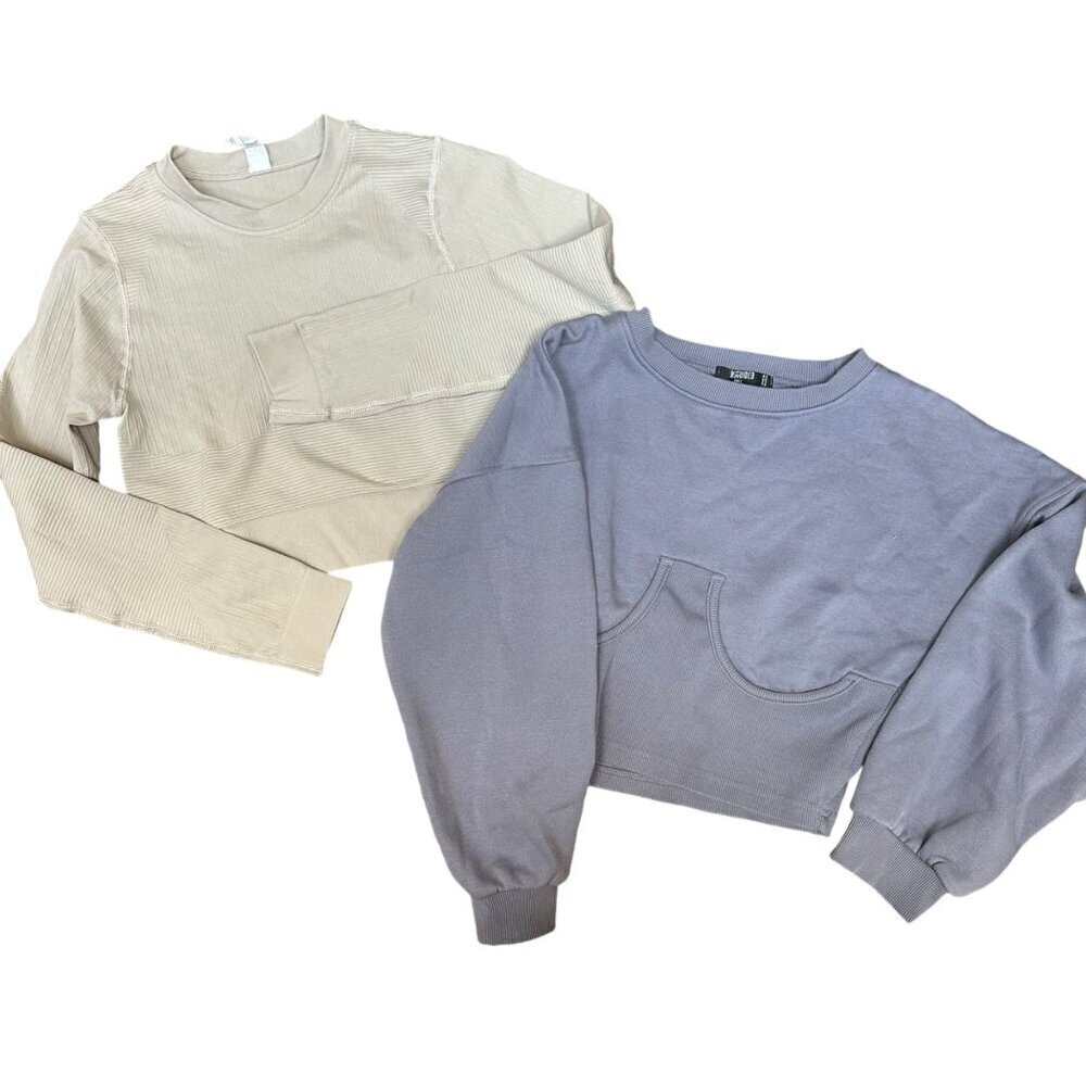 Lot‎ of 2 Missguided & DSG Cropped Long Sleeve Shirt/Sweatshirts Beige & Gray SM